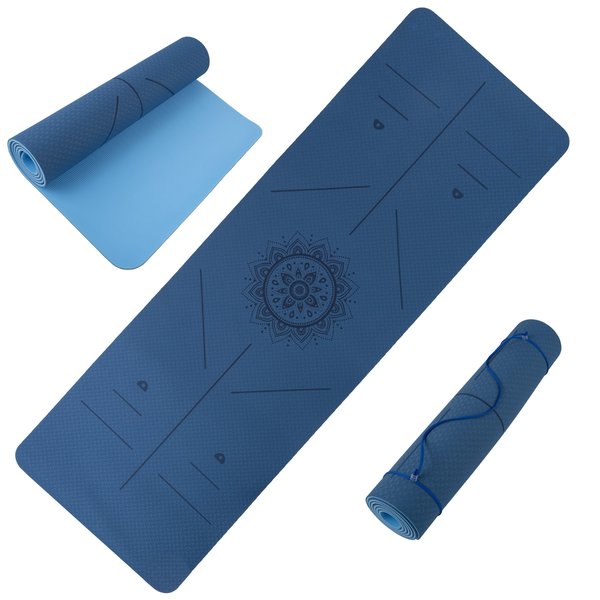 Wakeman Yoga Mat with Alignment Marks - Lightweight Exercise Mat with Carry Strap Blue 80-FIT1002